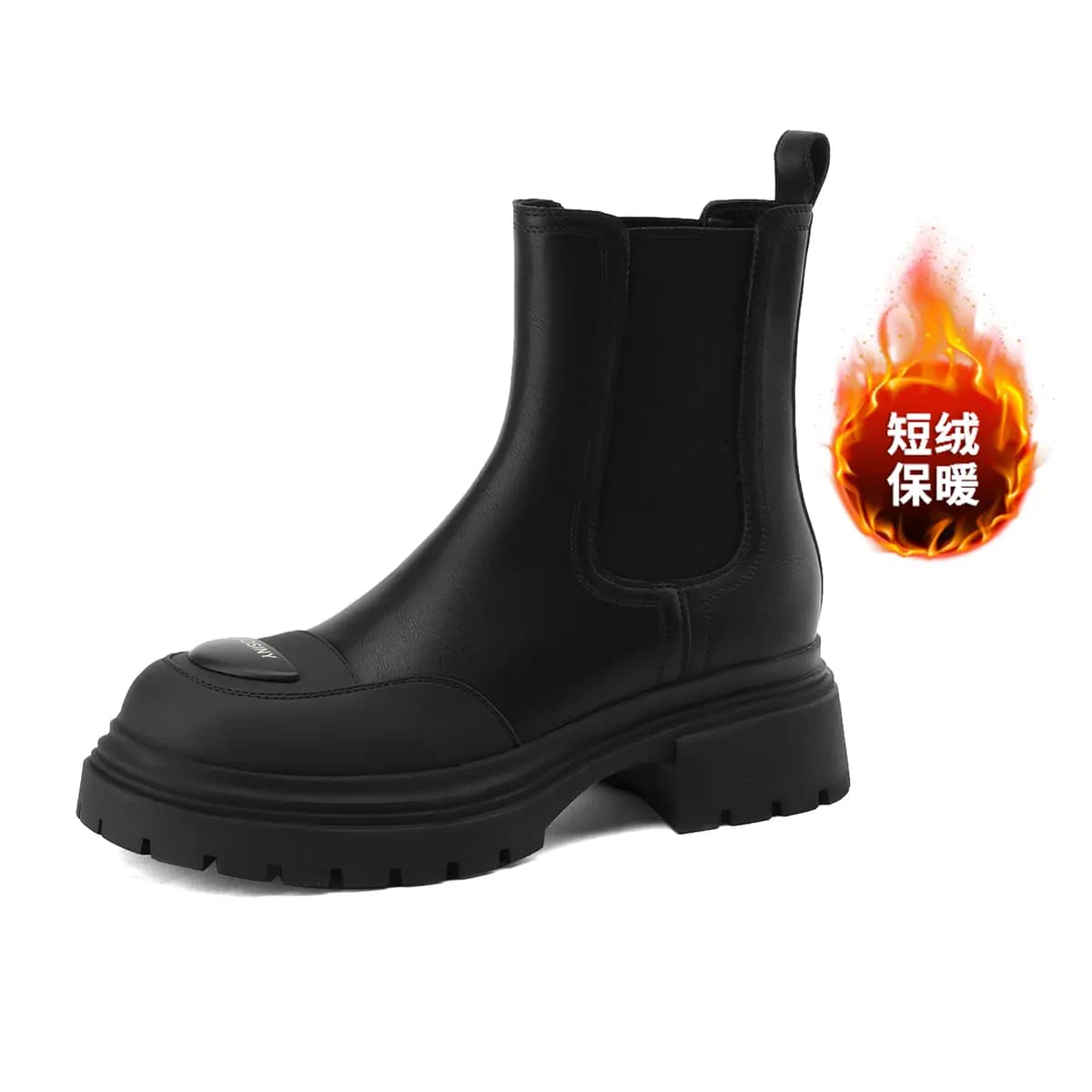 Zhuoshini Fleece-Lined Warm High-End Fashion Versatile Slip-On Round Toe Thick Sole Heightening 5cm Chelsea Boots Women's Black 3