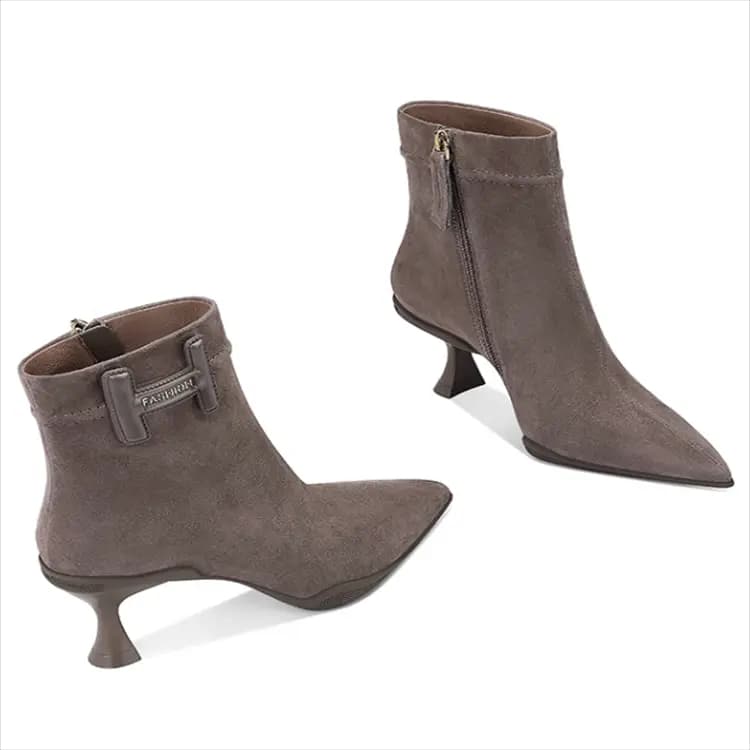 JESSICA SOPHIA Sheep Suede Fashion Versatile Side Zipper Pointed Toe Thin Heel Ankle Boots 6cm Women's 4
