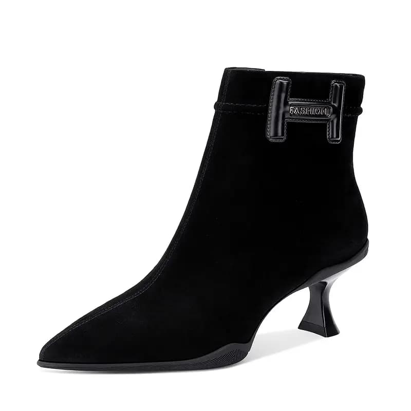 JESSICA SOPHIA Sheep Suede Fashion Versatile Side Zipper Pointed Toe Thin Heel Ankle Boots 6cm Women's