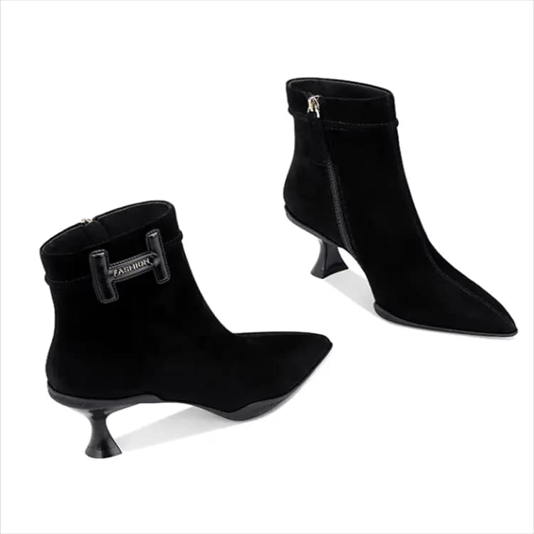 JESSICA SOPHIA Sheep Suede Fashion Versatile Side Zipper Pointed Toe Thin Heel Ankle Boots 6cm Women's 2