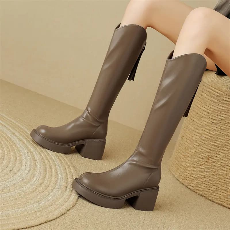 Zhuoshini Fleece-Lined Warm Autumn Winter American British Style Back Zipper Knee-High Riding Boots Women's Coffee 2