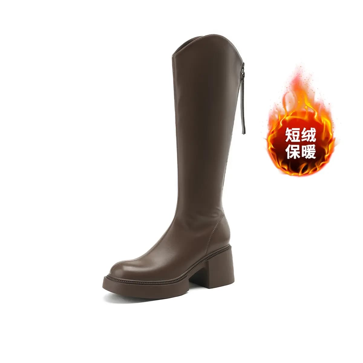 Zhuoshini Fleece-Lined Warm Autumn Winter American British Style Back Zipper Knee-High Riding Boots Women's Coffee 5