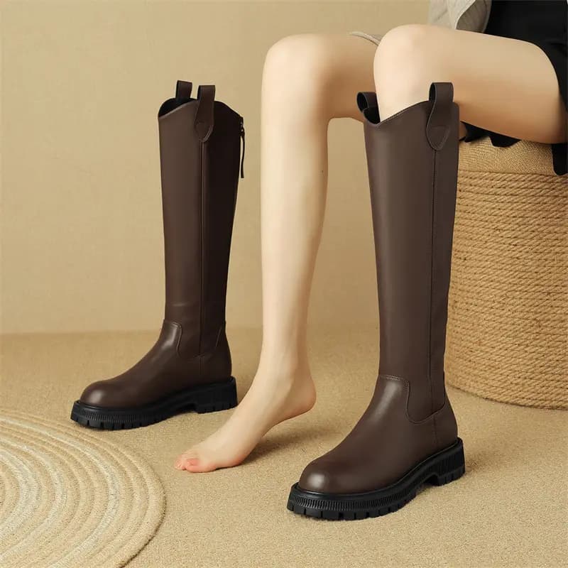 Zhuoshini Fleece-Lined Warm Autumn Winter American British Style Back Zipper Knee-High Riding Boots Women's Coffee 7