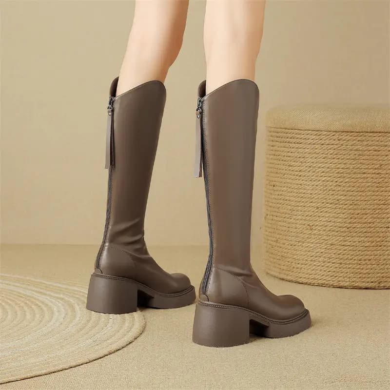 Zhuoshini Fleece-Lined Warm Autumn Winter American British Style Back Zipper Knee-High Riding Boots Women's Coffee 4