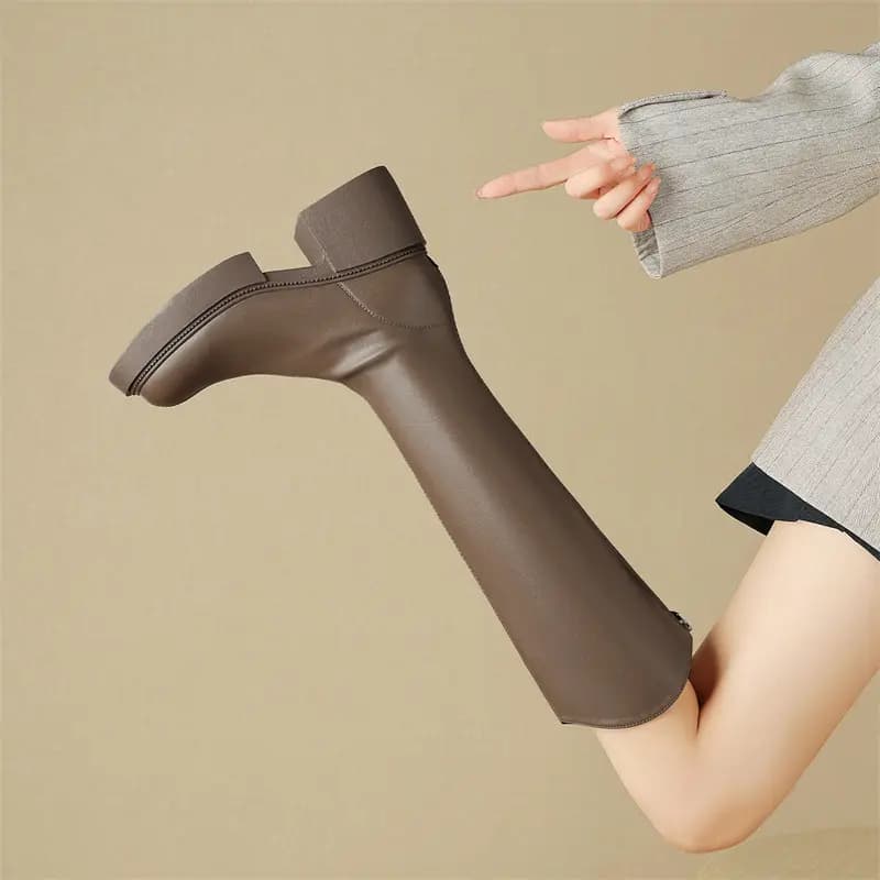 Zhuoshini Fleece-Lined Warm Autumn Winter American British Style Back Zipper Knee-High Riding Boots Women's Coffee 3