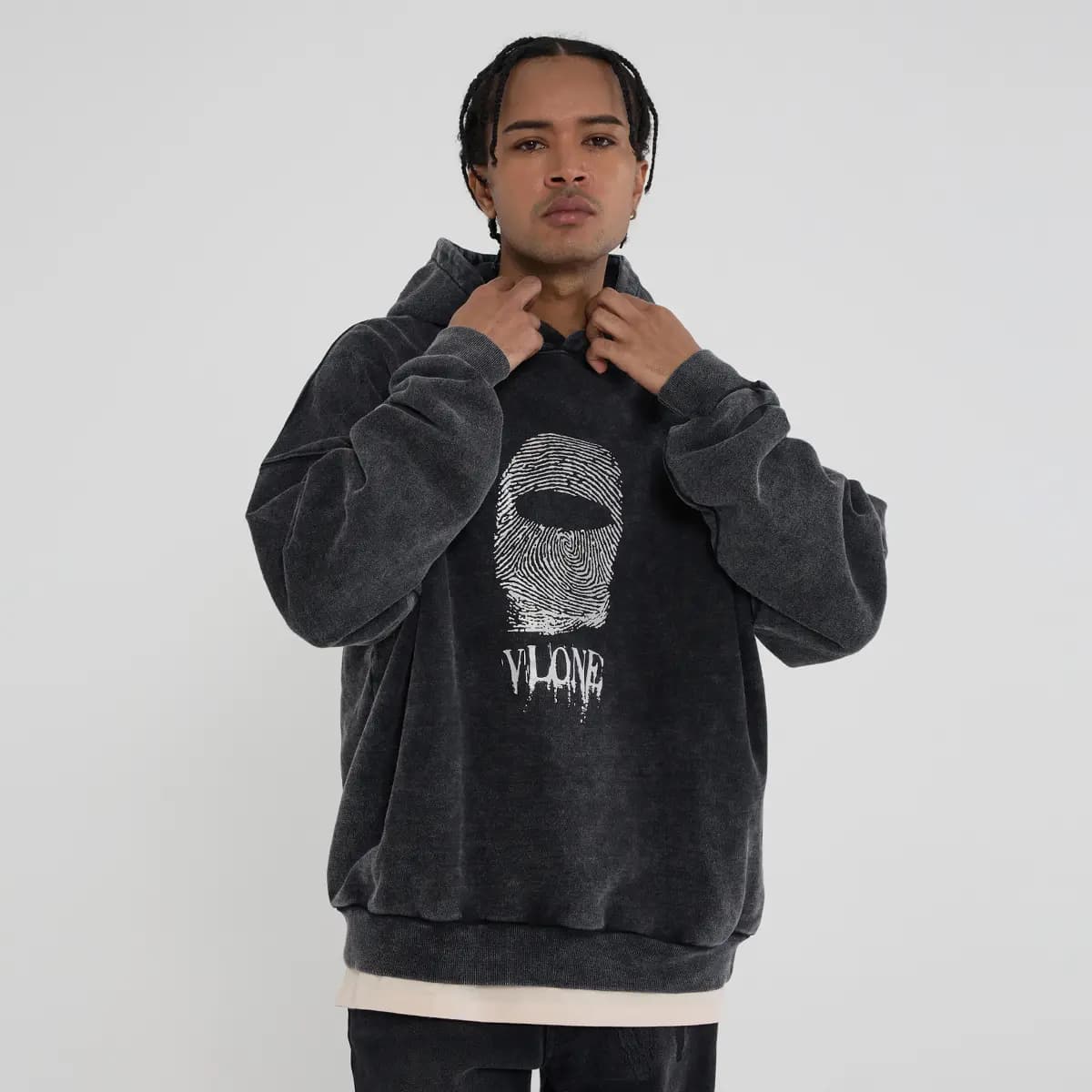 VLONE Fingerprint Large Logo Print Washed Relaxed Hoodie Unisex Black 6
