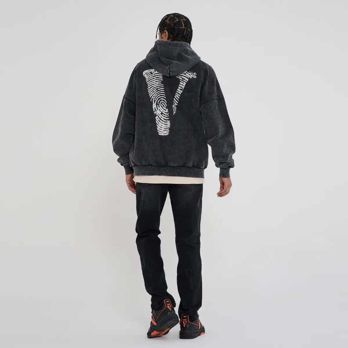 VLONE Fingerprint Large Logo Print Washed Relaxed Hoodie Unisex Black 12