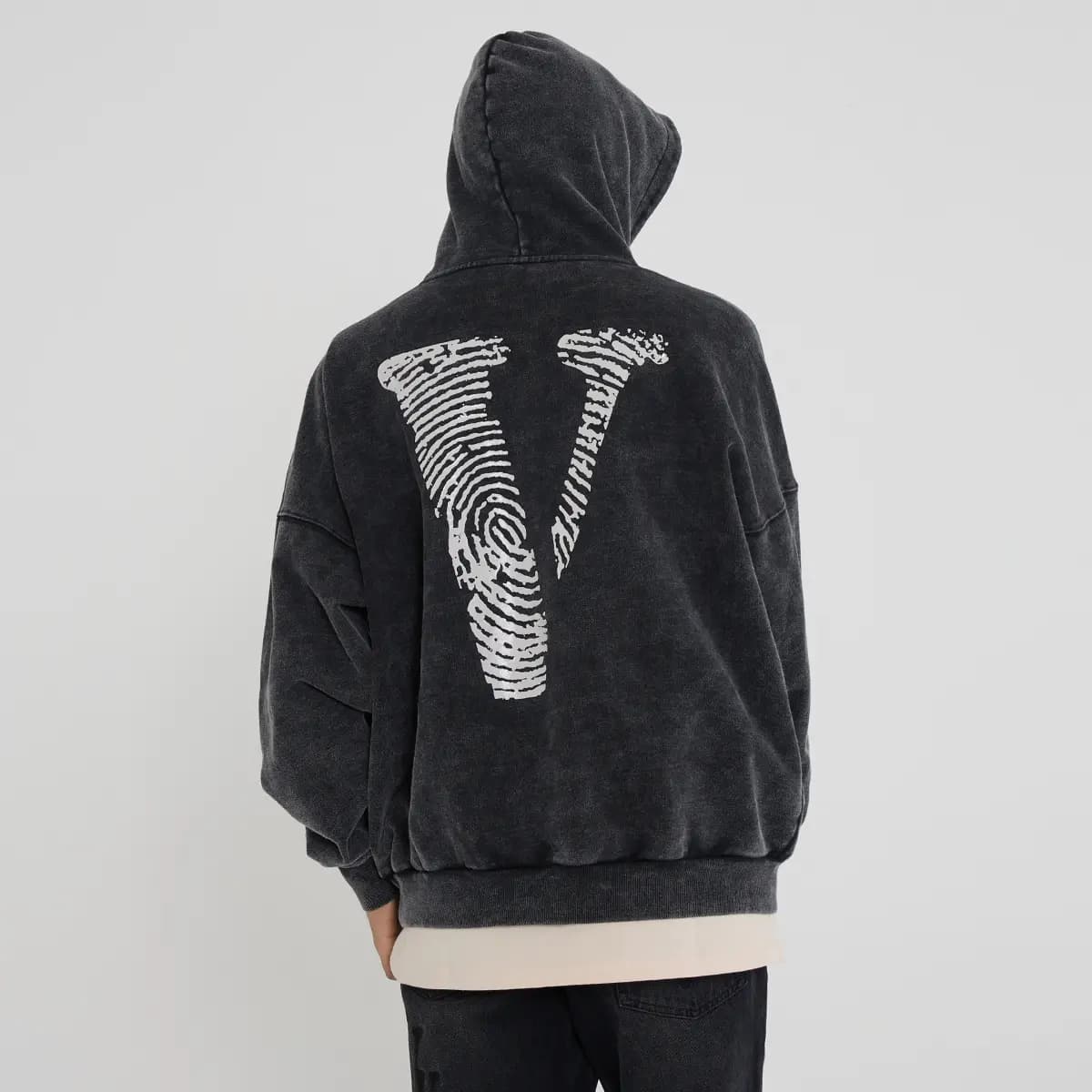 VLONE Fingerprint Large Logo Print Washed Relaxed Hoodie Unisex Black 3