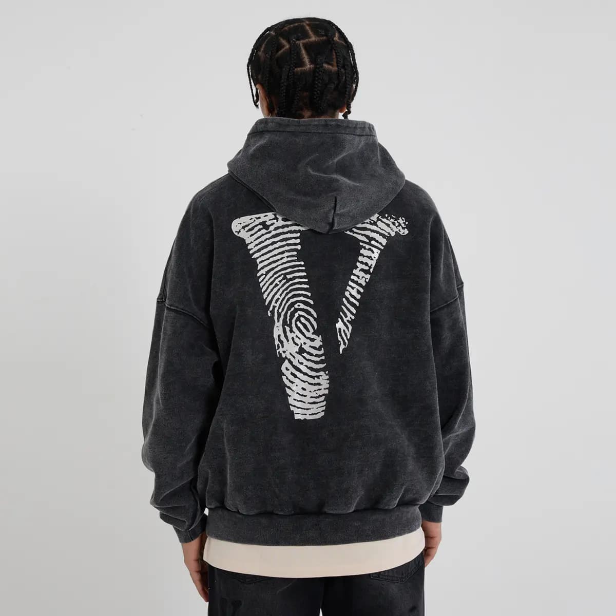 VLONE Fingerprint Large Logo Print Washed Relaxed Hoodie Unisex Black 5