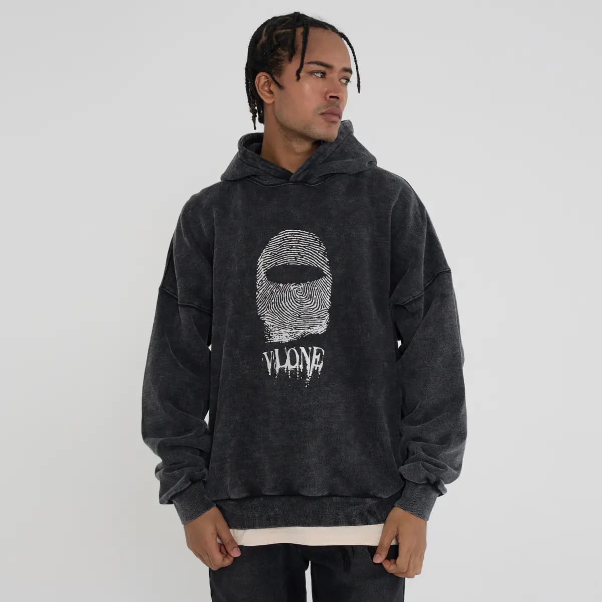 VLONE Fingerprint Large Logo Print Washed Relaxed Hoodie Unisex Black 4