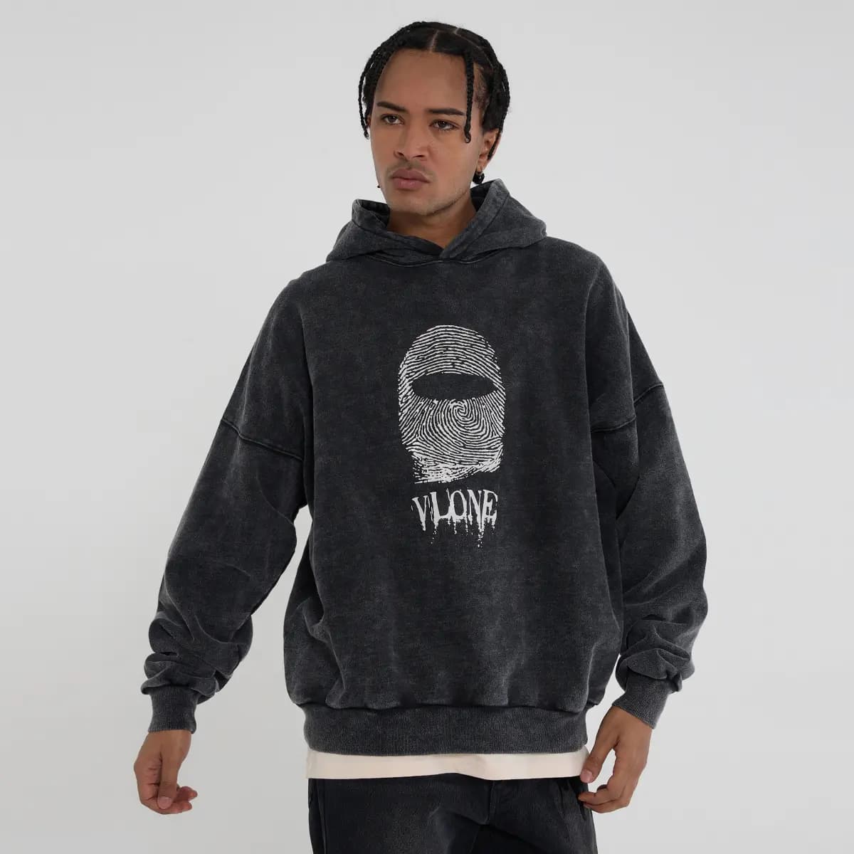 VLONE Fingerprint Large Logo Print Washed Relaxed Hoodie Unisex Black 8