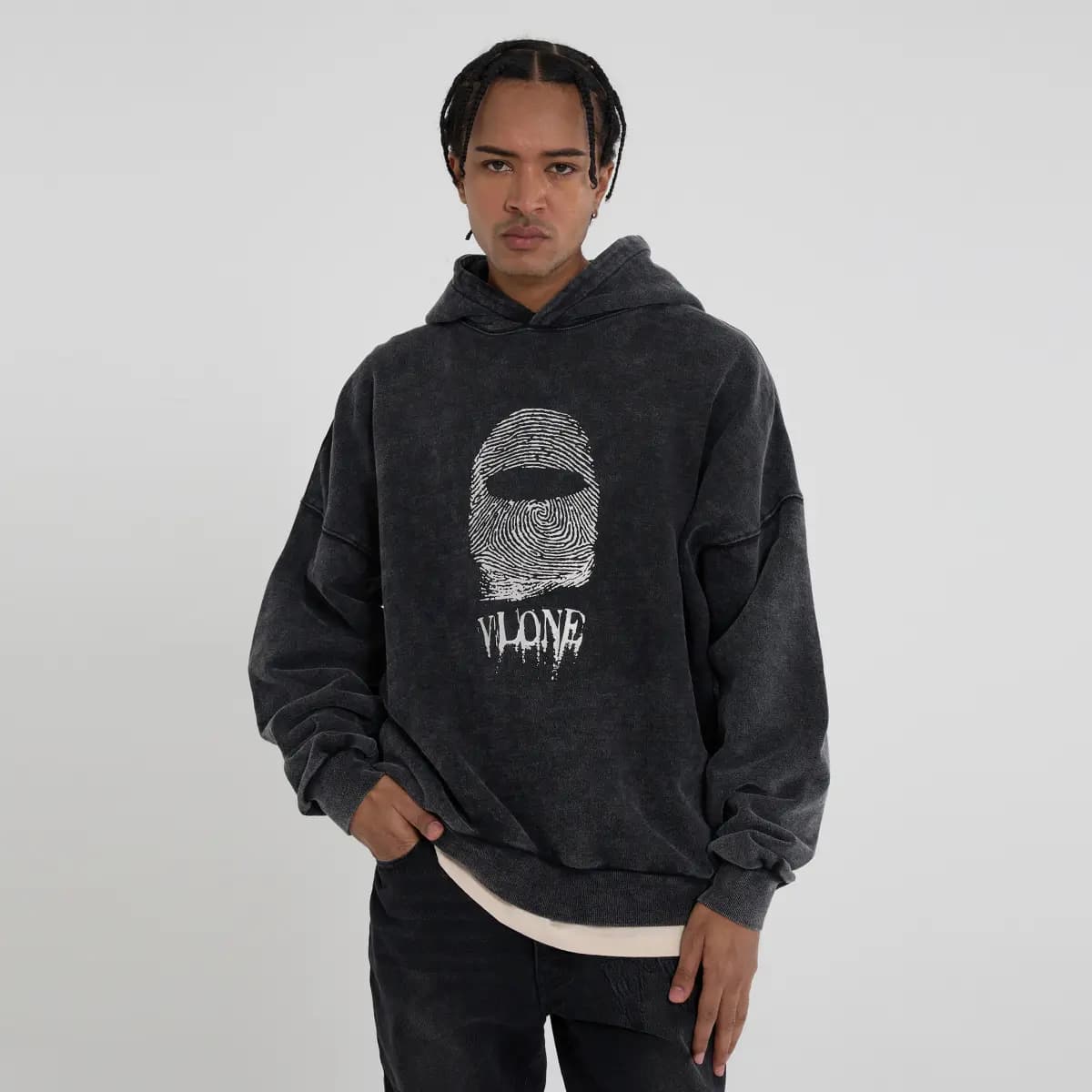 VLONE Fingerprint Large Logo Print Washed Relaxed Hoodie Unisex Black 10