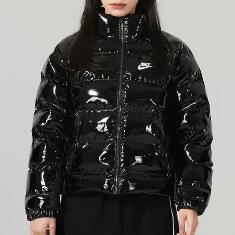 Nike Solid Logo Shiny Outdoor Quilted Lightweight Down Stand Collar Long Sleeve Puffer Jacket Women's Black 3