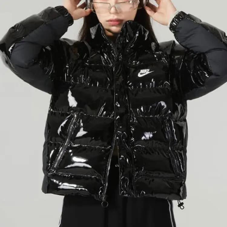 Nike Solid Logo Shiny Outdoor Quilted Lightweight Down Stand Collar Long Sleeve Puffer Jacket Women's Black 5