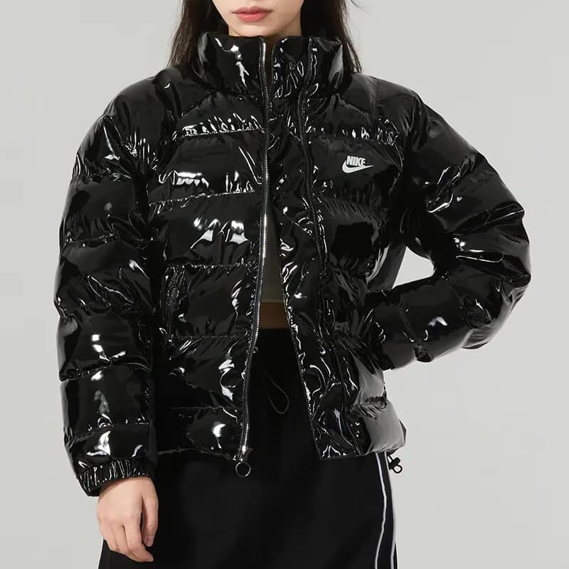 Nike Solid Logo Shiny Outdoor Quilted Lightweight Down Stand Collar Long Sleeve Puffer Jacket Women's Black 4
