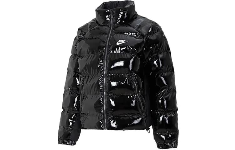 Nike Solid Logo Shiny Outdoor Quilted Lightweight Down Stand Collar Long Sleeve Puffer Jacket Women's Black