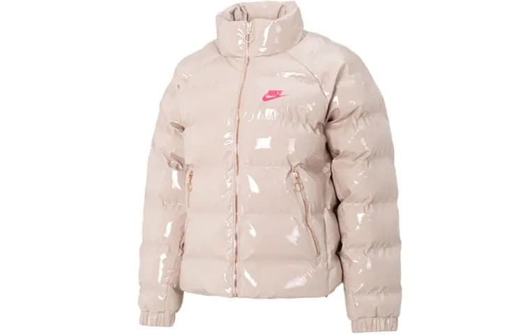 Nike Solid Color Logo Shiny Stand Collar Long Sleeve Puffer Jacket Women's Pink