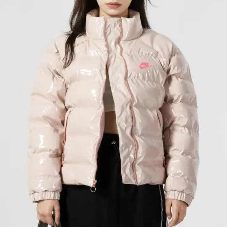 Nike Solid Color Logo Shiny Stand Collar Long Sleeve Puffer Jacket Women's Pink 2