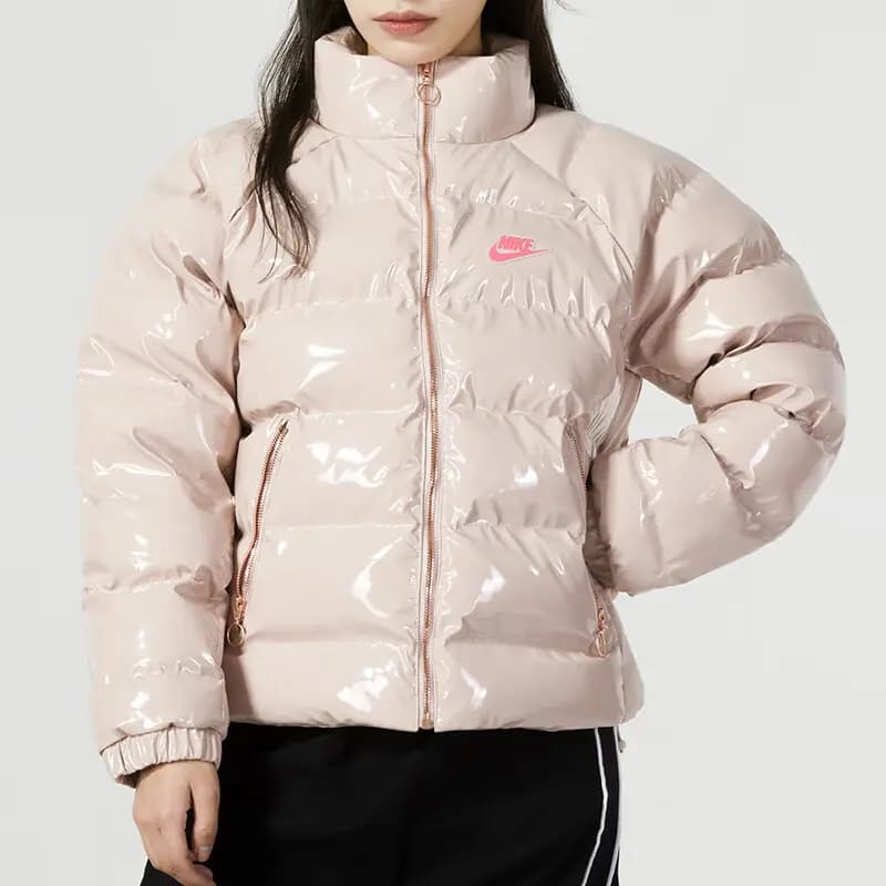 Nike Solid Color Logo Shiny Stand Collar Long Sleeve Puffer Jacket Women's Pink 3