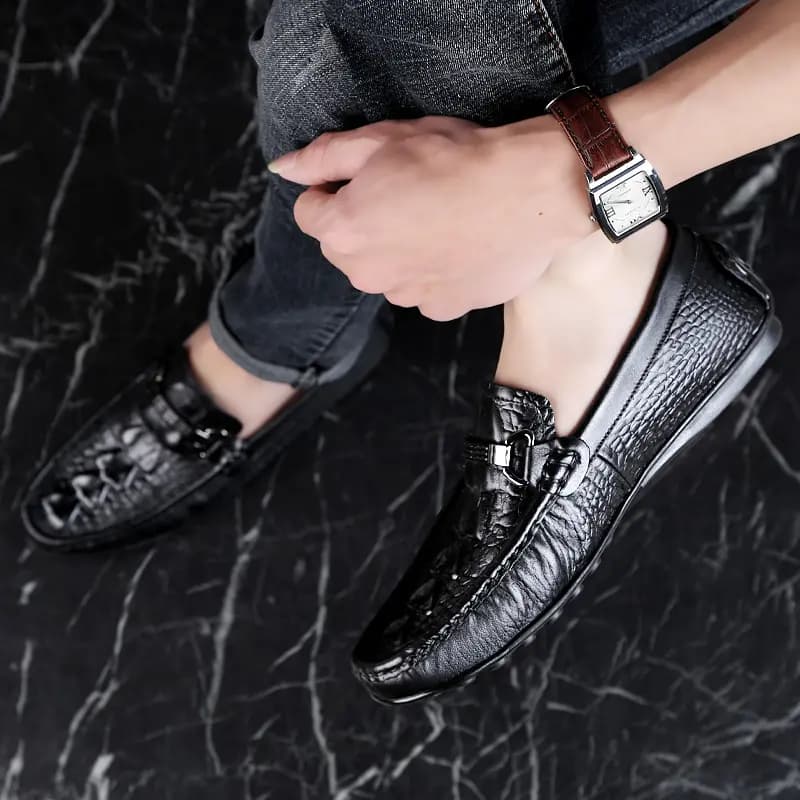 CKVUSAMG Top Layer Leather British Versatile Crocodile Texture Soft Sole Business Casual Driving Shoes Unisex 3