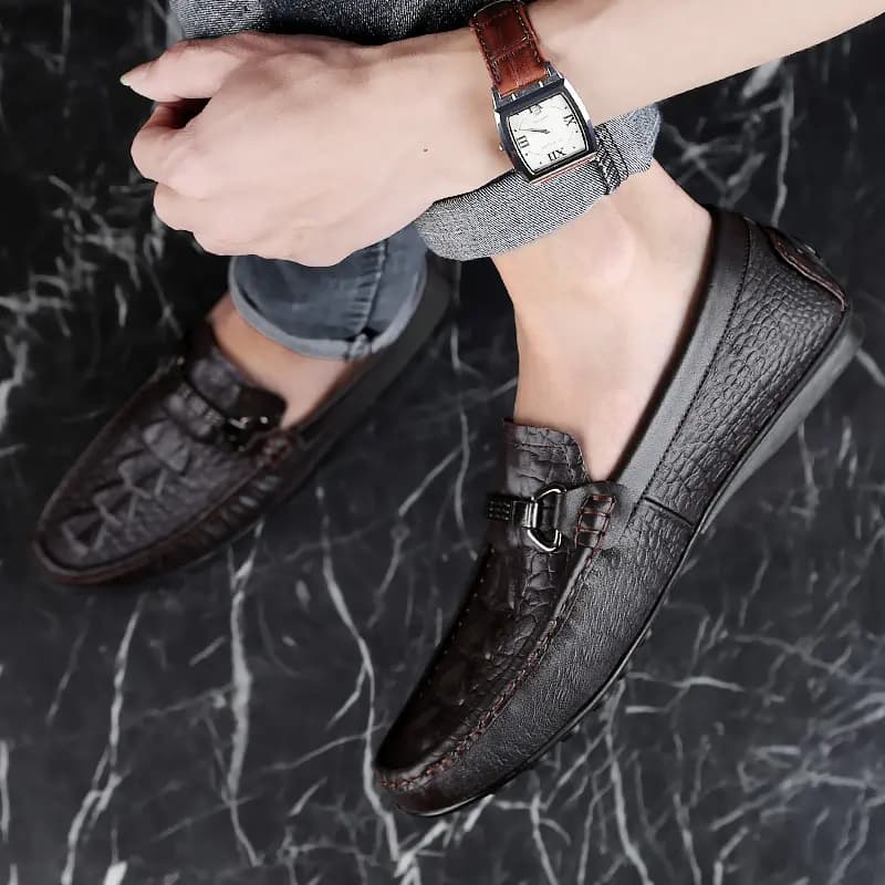 CKVUSAMG Top Layer Leather British Versatile Crocodile Texture Soft Sole Business Casual Driving Shoes Unisex 7