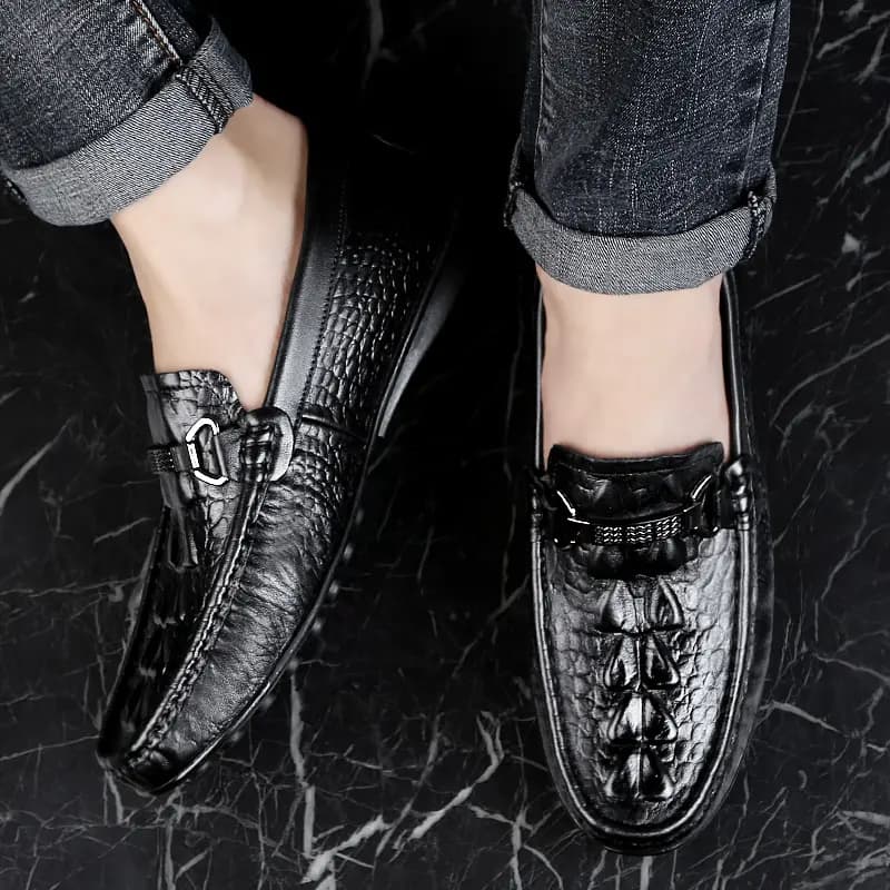 CKVUSAMG Top Layer Leather British Versatile Crocodile Texture Soft Sole Business Casual Driving Shoes Unisex 14