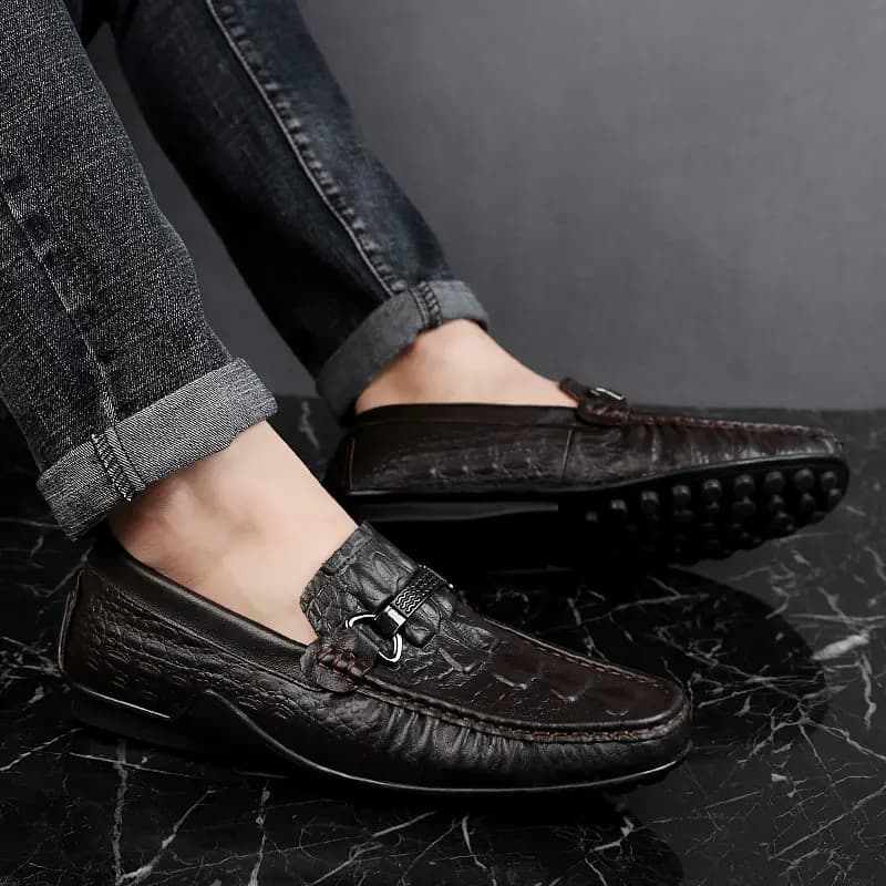 CKVUSAMG Top Layer Leather British Versatile Crocodile Texture Soft Sole Business Casual Driving Shoes Unisex 9