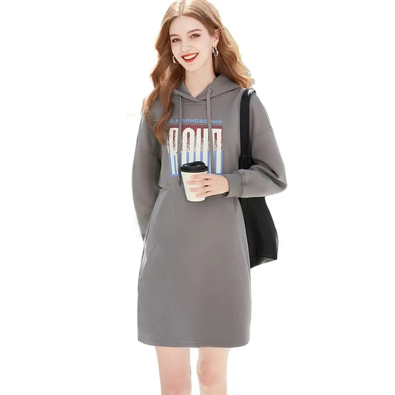 Shechi Sporty Letter Print Hooded Short Long Sleeve Dress Gray Brown