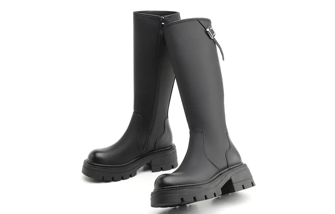 EBLAN Leather Round Toe Zipper Slim Versatile High Boots Women's Black 3