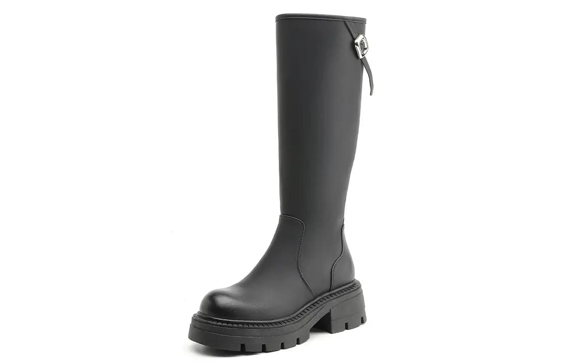 EBLAN Leather Round Toe Zipper Slim Versatile High Boots Women's Black 2