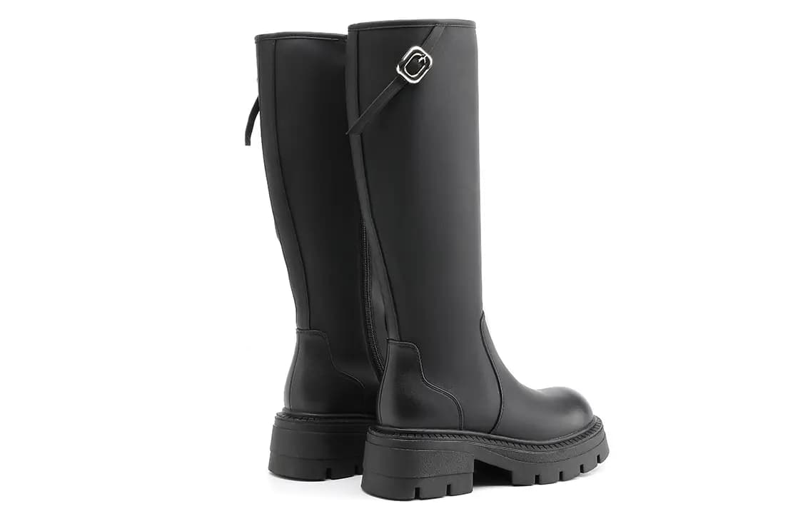 EBLAN Leather Round Toe Zipper Slim Versatile High Boots Women's Black 4