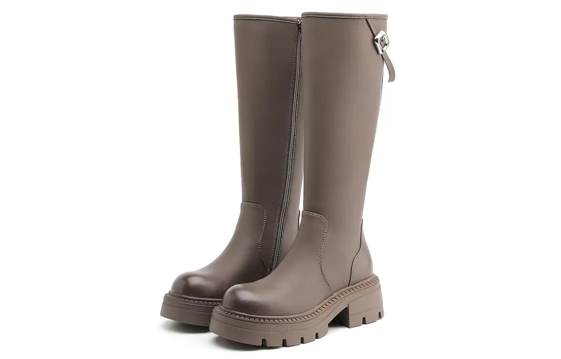 EBLAN Leather Round Toe Zipper Slim Versatile High Boots Women's Gray 3