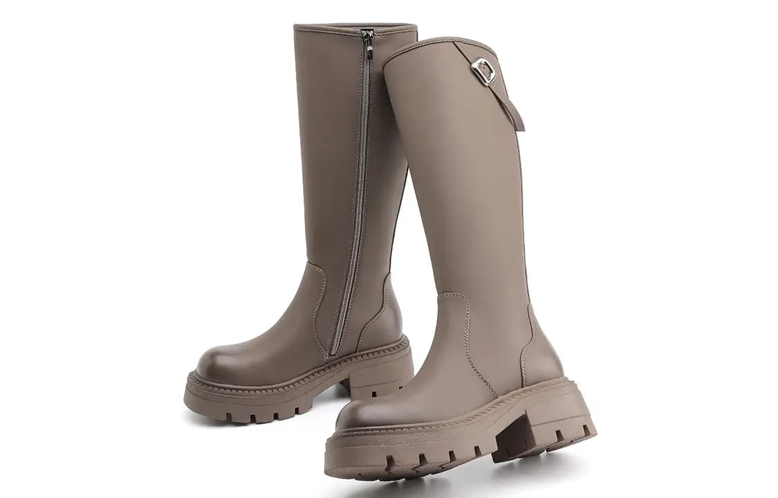 EBLAN Leather Round Toe Zipper Slim Versatile High Boots Women's Gray 4