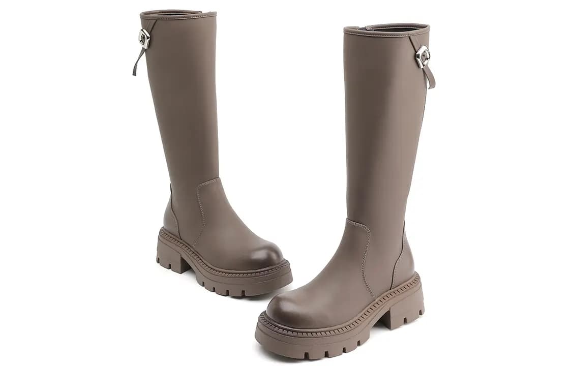EBLAN Leather Round Toe Zipper Slim Versatile High Boots Women's Gray 5