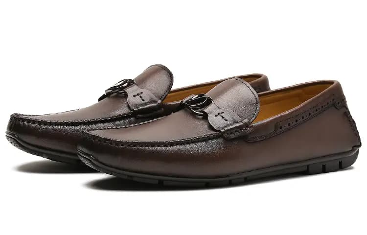S. T.DUPONT French Strap Decorated Buckle Distressed Casual Loafers Men's Coffee 2
