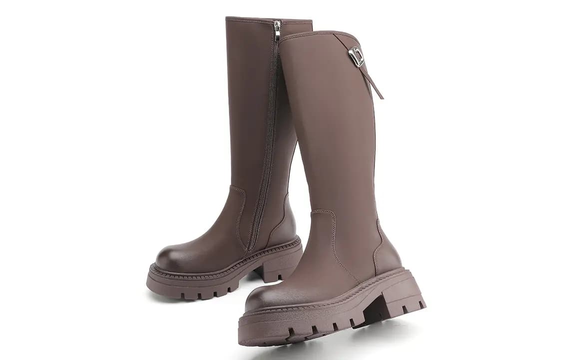 EBLAN Leather Round Toe Zipper Slimming Versatile High Boots Women's Brown 4
