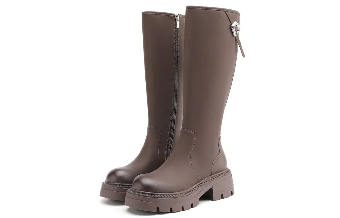 EBLAN Leather Round Toe Zipper Slimming Versatile High Boots Women's Brown 3