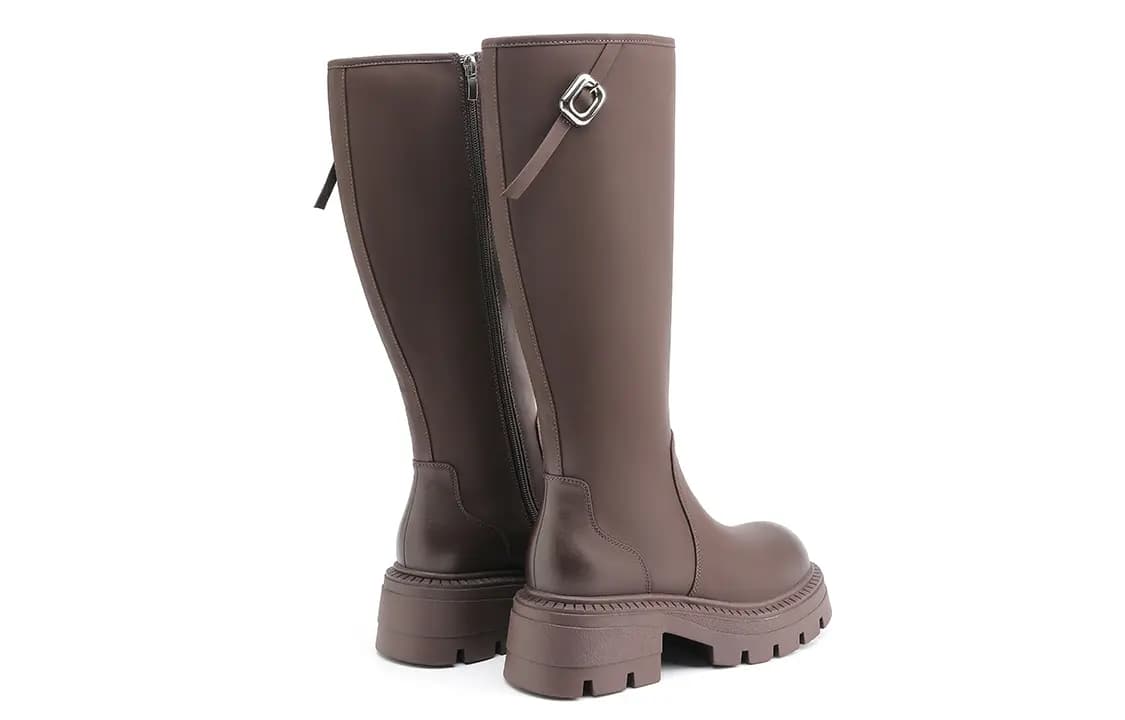 EBLAN Leather Round Toe Zipper Slimming Versatile High Boots Women's Brown 5