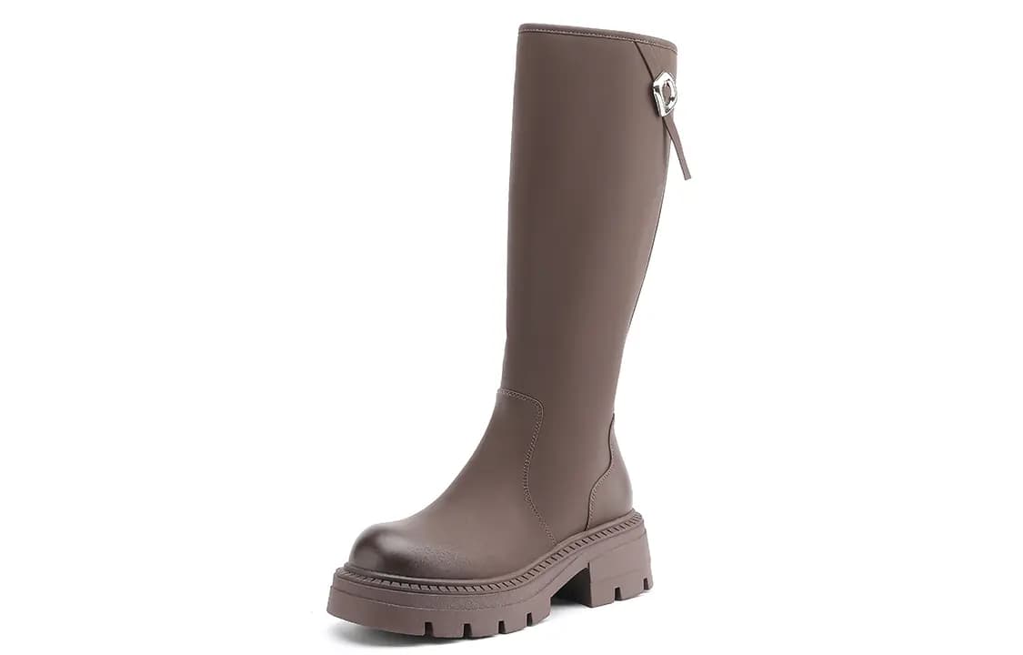 EBLAN Leather Round Toe Zipper Slimming Versatile High Boots Women's Brown 2