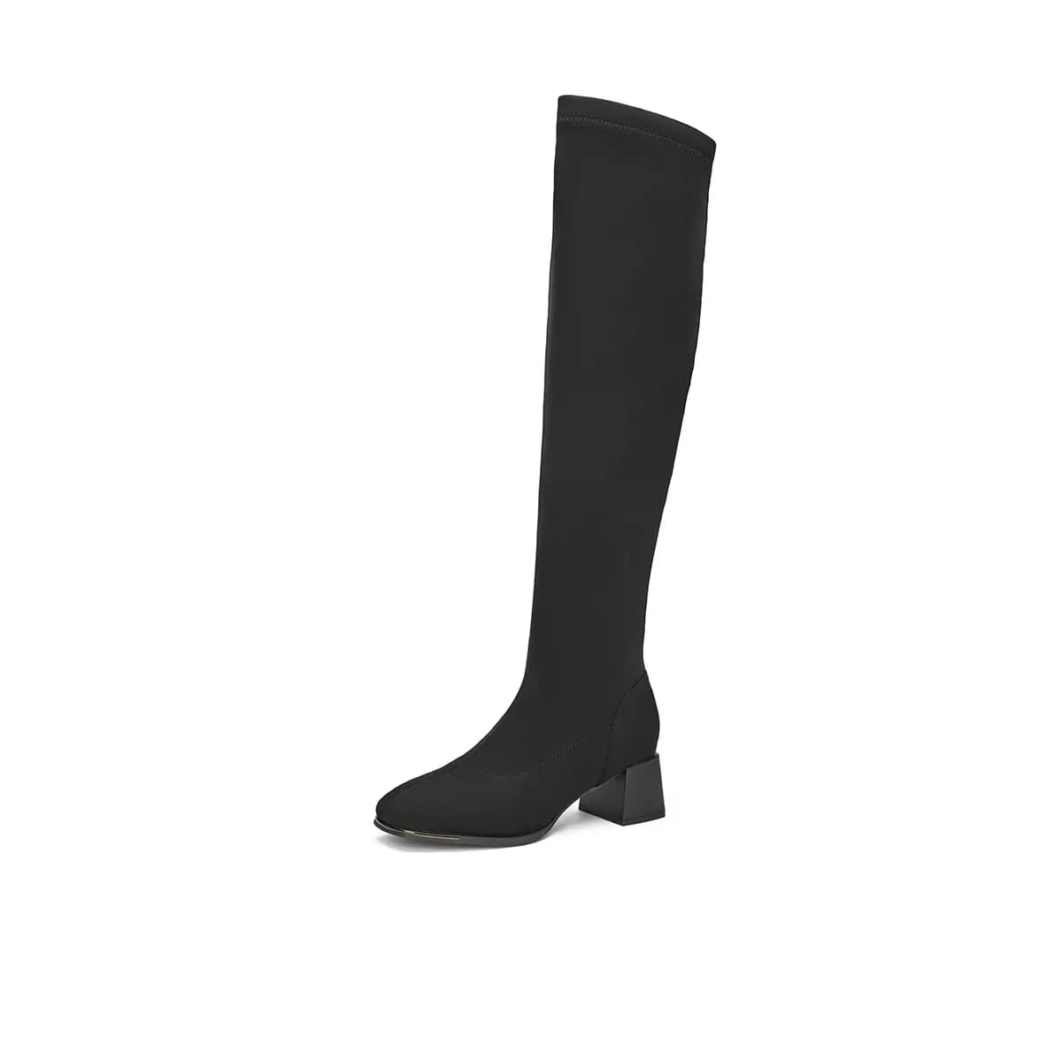 GEMEIQ Fabric Elastic Chunky Heel Retro Square Toe Lined High Boots 5cm Women's