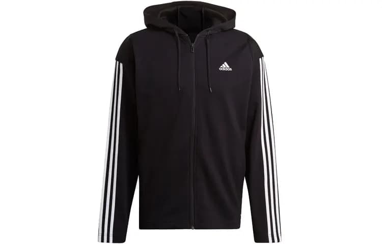 adidas Ribbed Insert Track Suit Three-Stripe Color-Block Hooded Long Sleeve Sweatshirt and Pants Casual Sports Set Men's Black 2