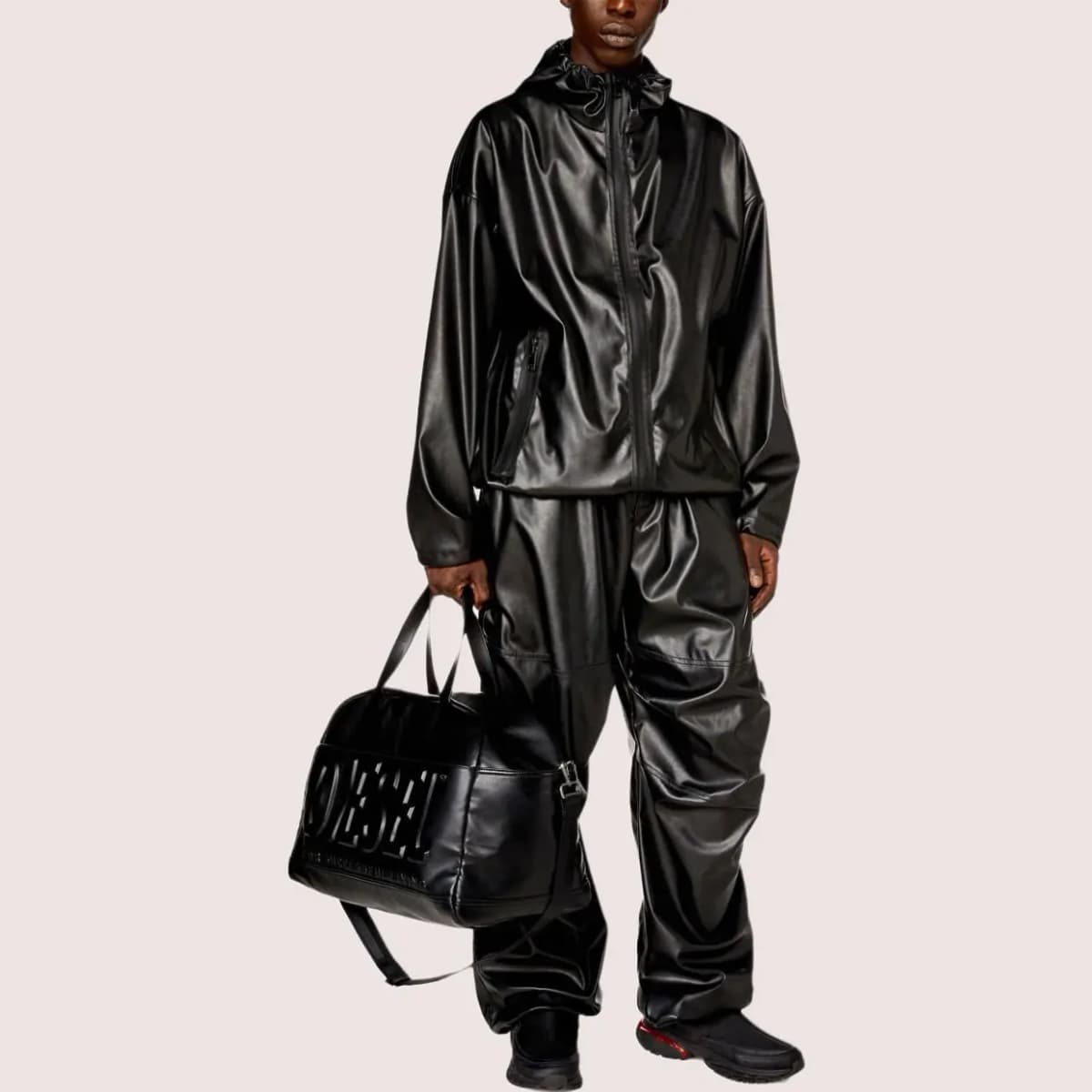 DIESEL FW23 Men's Mid-Rise Solid Elastic Waist Leather Pants Black 4