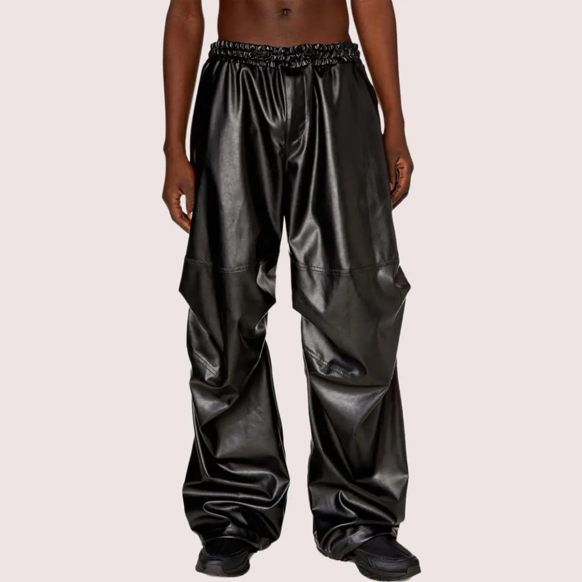 DIESEL FW23 Men's Mid-Rise Solid Elastic Waist Leather Pants Black 2