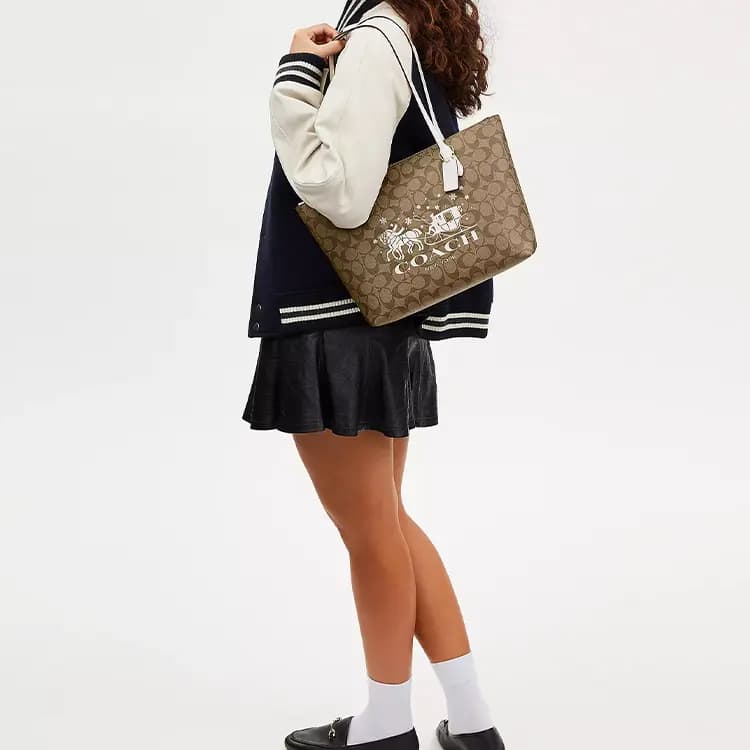 COACH Zip Top Tote Çanta Qadın Xaki 4