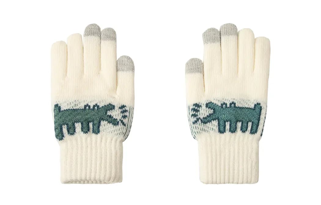 White Volume Double-Layer Thickened Fleece Touchscreen Cute Dinosaur Split-Finger Gloves Unisex