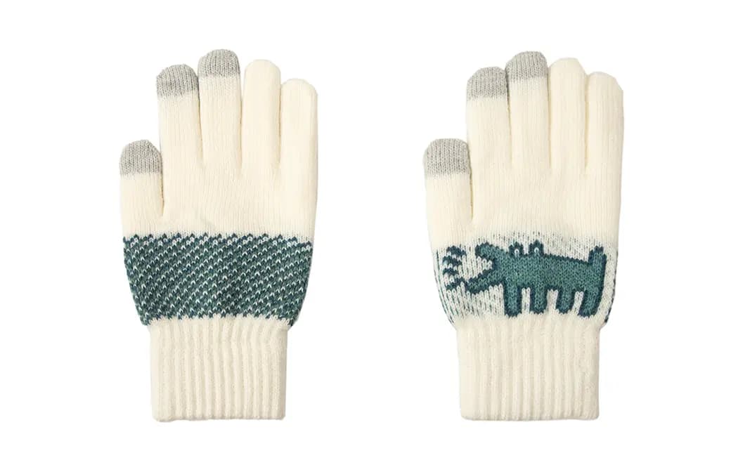 White Volume Double-Layer Thickened Fleece Touchscreen Cute Dinosaur Split-Finger Gloves Unisex 2