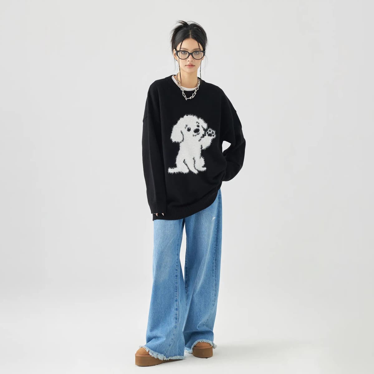 GOLFCROSS Faux Mink Dog Jacquard Knit Sweater Unisex 6