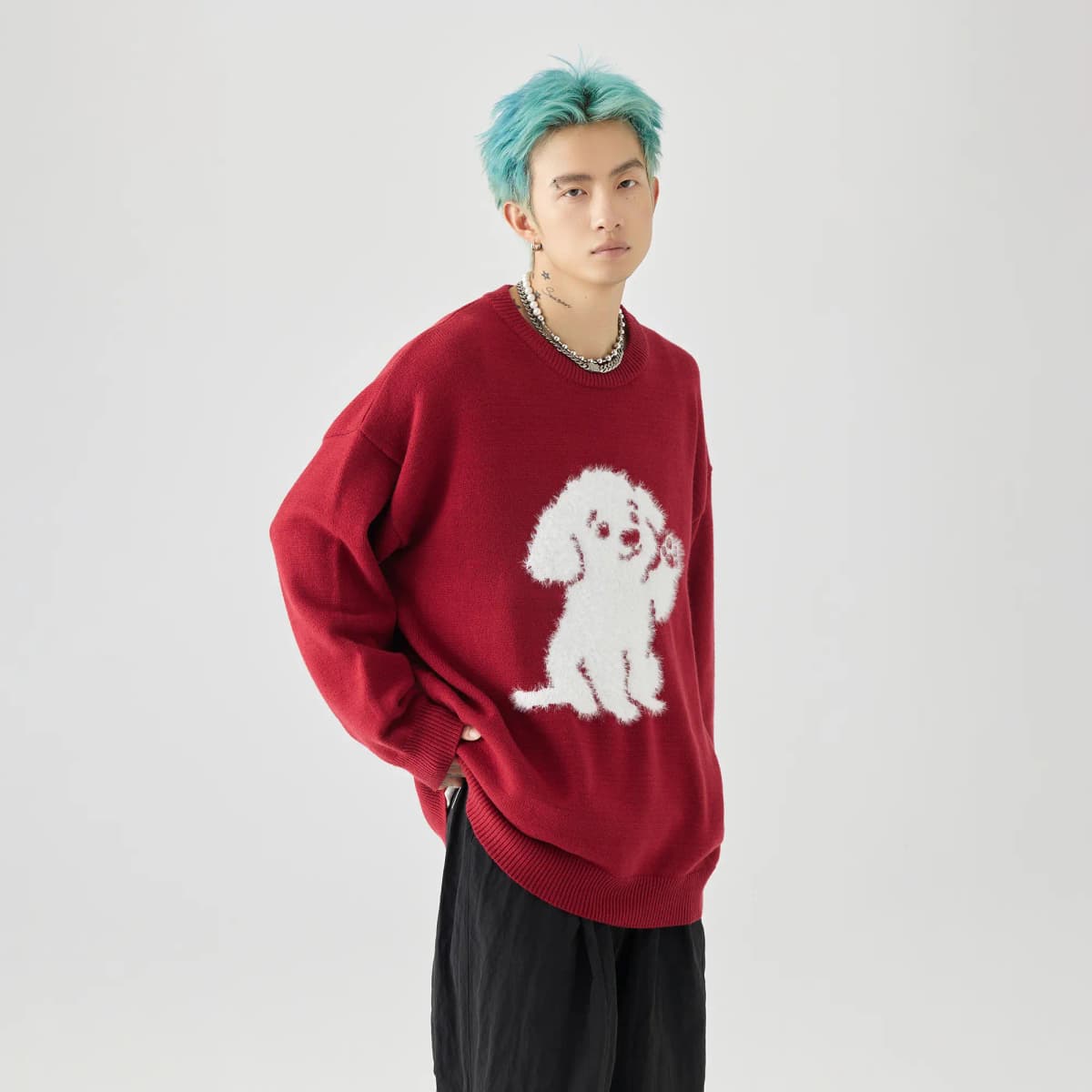 GOLFCROSS Faux Mink Dog Jacquard Knit Sweater Unisex 13