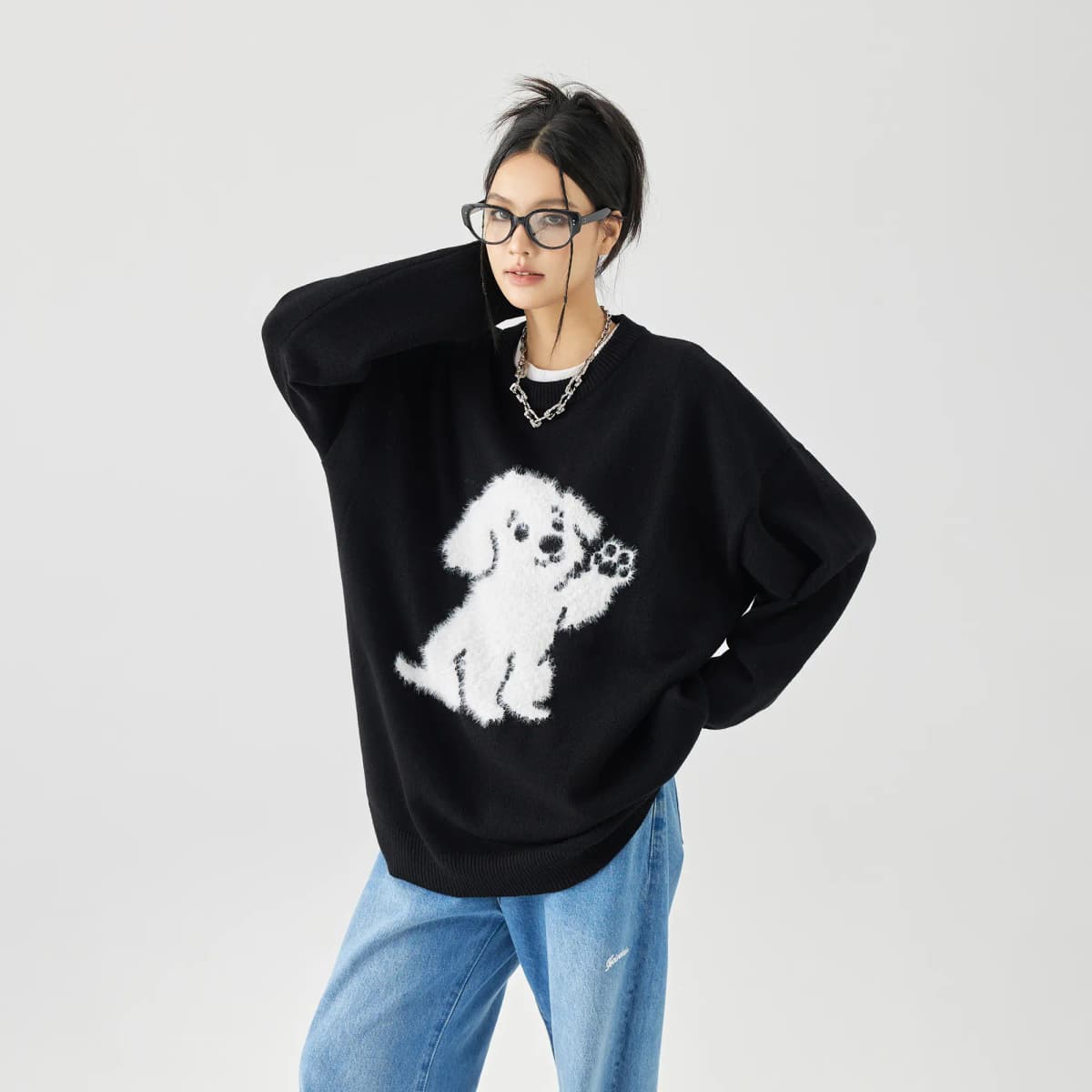 GOLFCROSS Faux Mink Dog Jacquard Knit Sweater Unisex 4