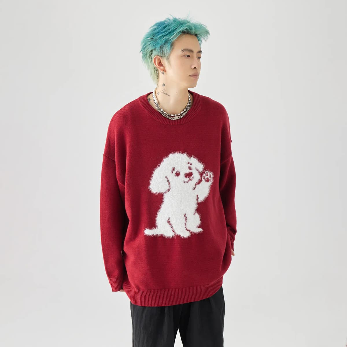 GOLFCROSS Faux Mink Dog Jacquard Knit Sweater Unisex 12
